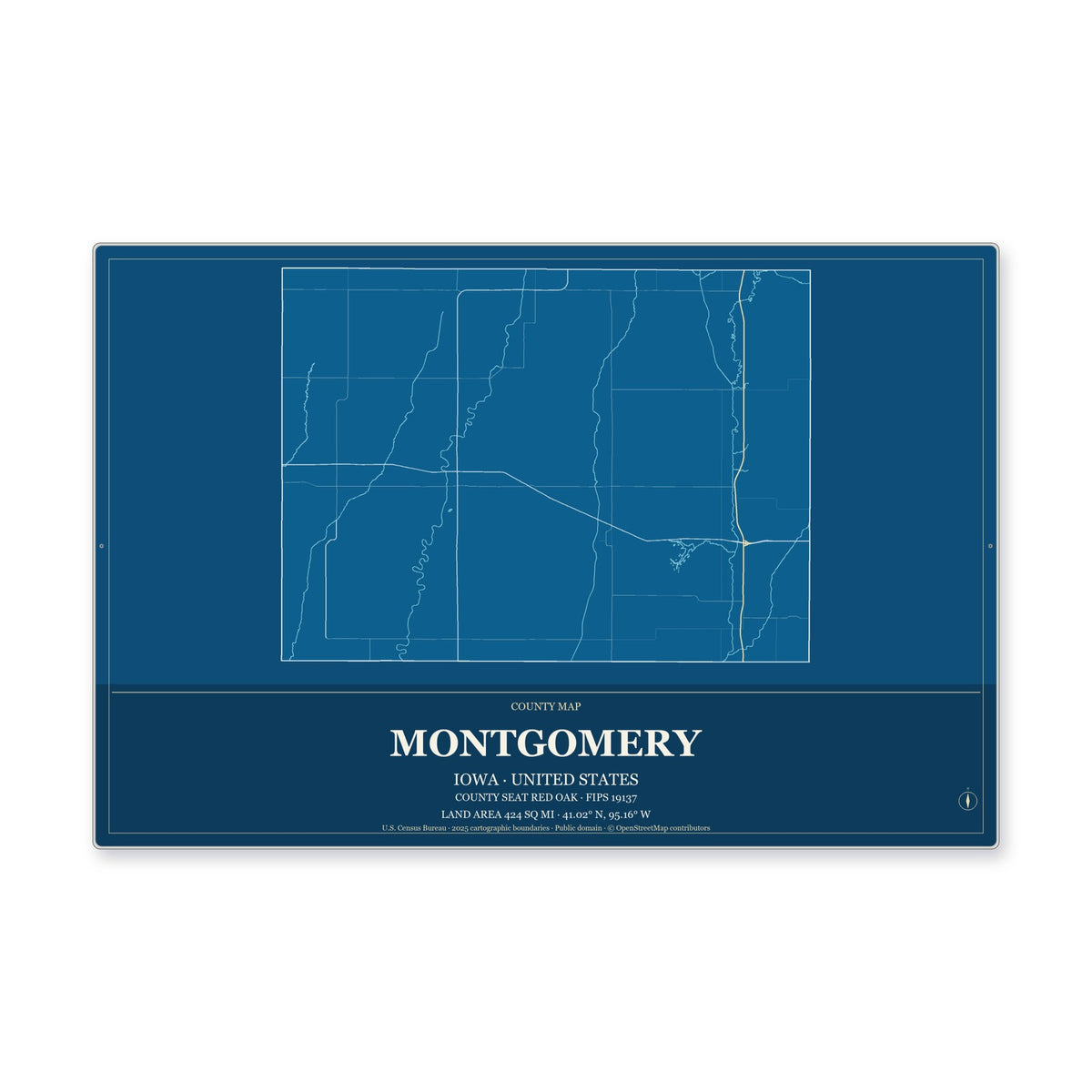 Montgomery County, Iowa Map Aluminum Sign in Harbor Cobalt style