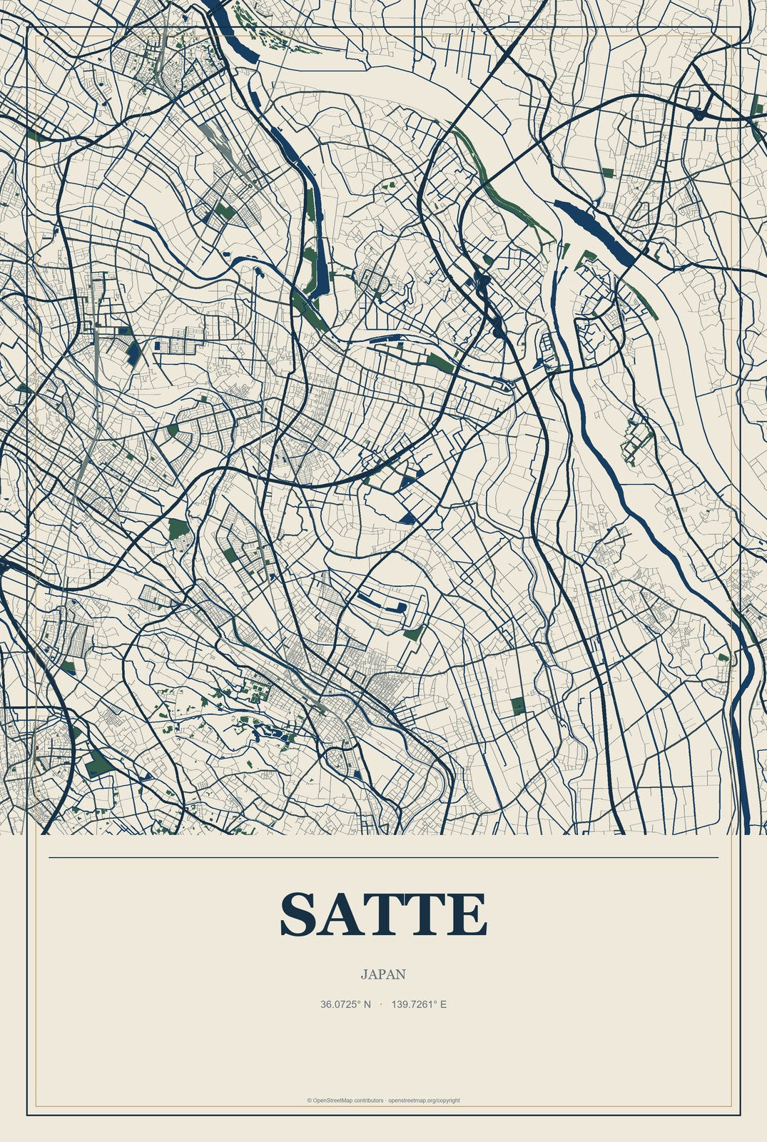 Satte, Japan City Map Aluminum Sign in Coastal Cutout style