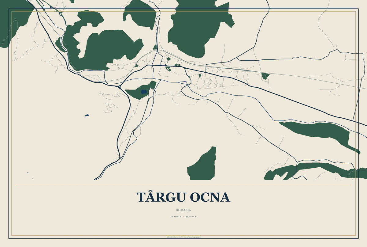 Târgu Ocna, Romania City Map Aluminum Sign in Coastal Cutout style