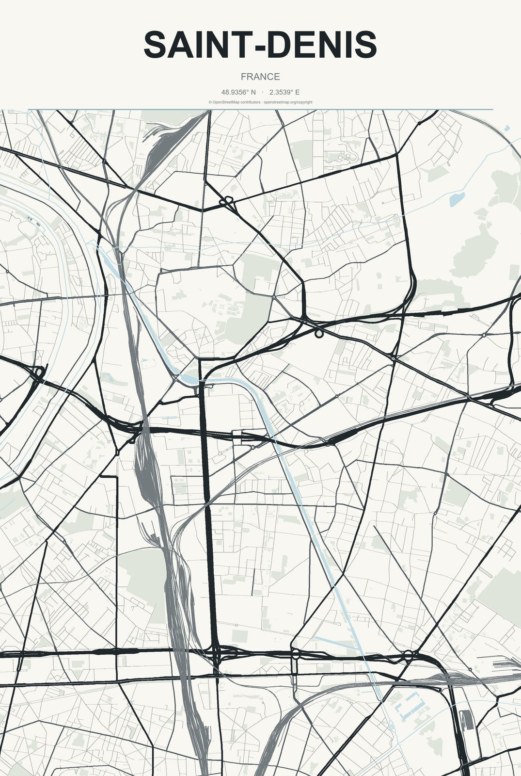 Saint-Denis, France City Map Aluminum Sign in Headline Atlas style