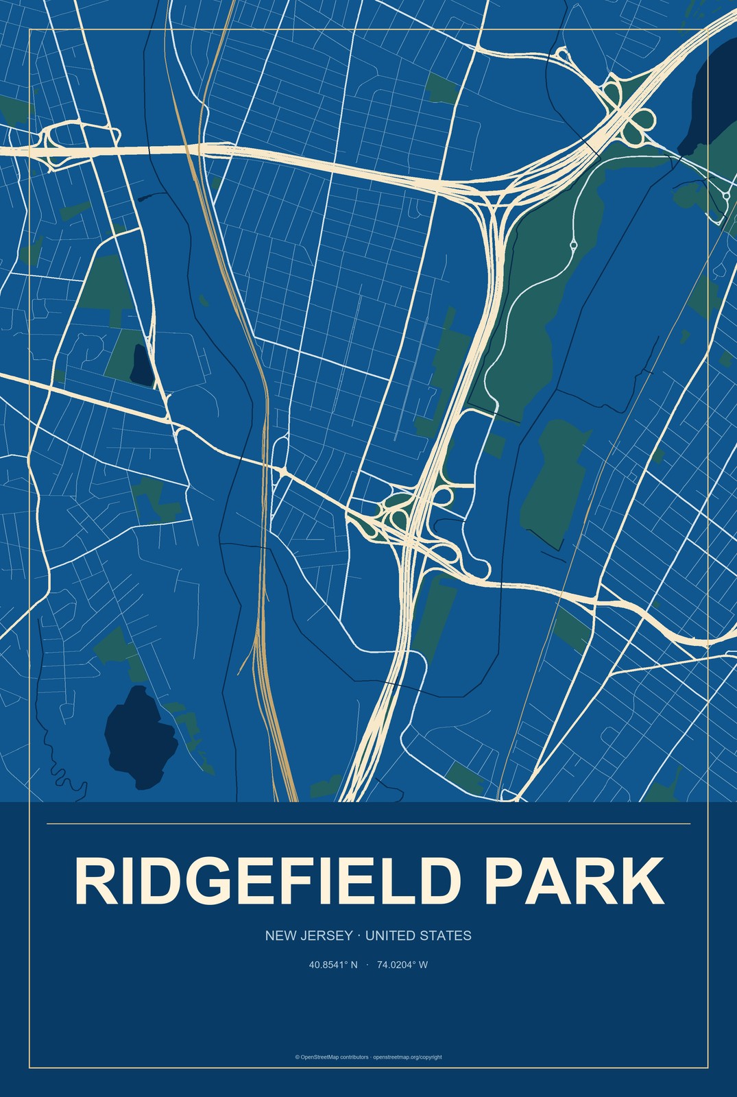 Ridgefield Park, New Jersey City Map Aluminum Sign in Harbor Cobalt style