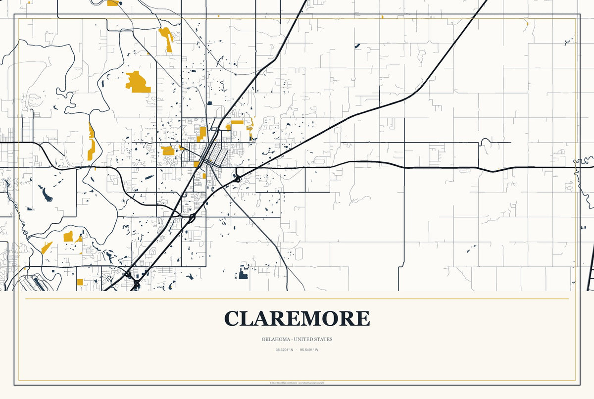 Claremore, Oklahoma City Map Aluminum Sign in Citrine Modern style