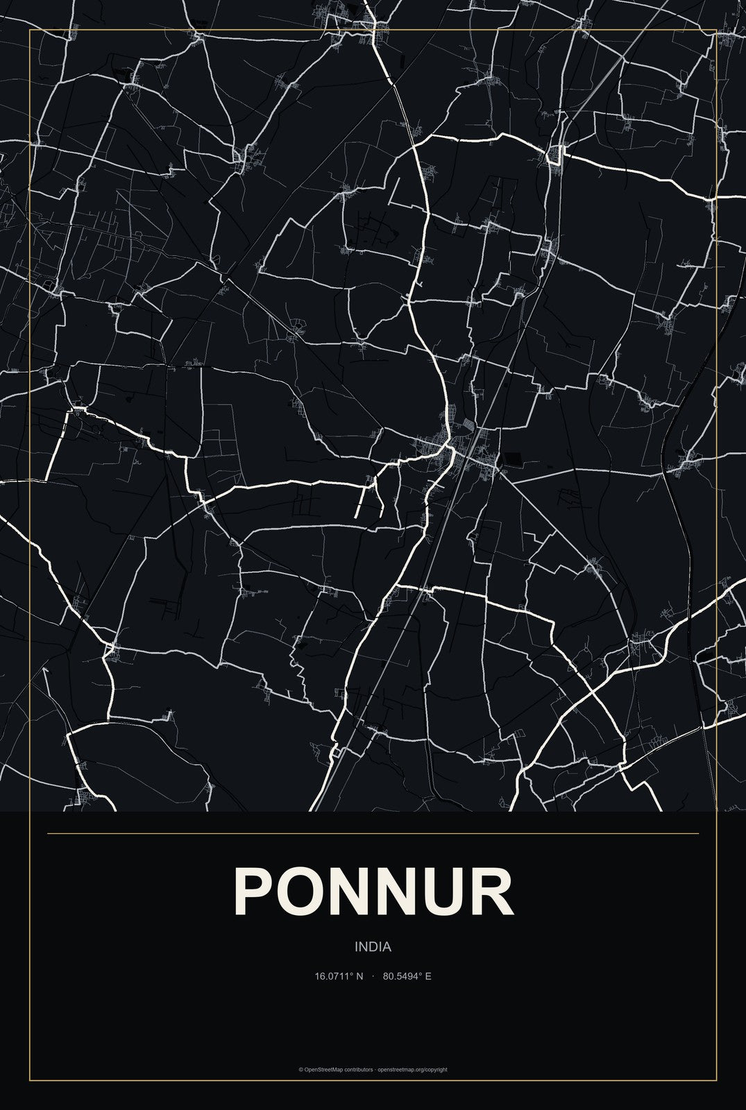 Ponnur, India City Map Aluminum Sign in Metropolitan Noir style