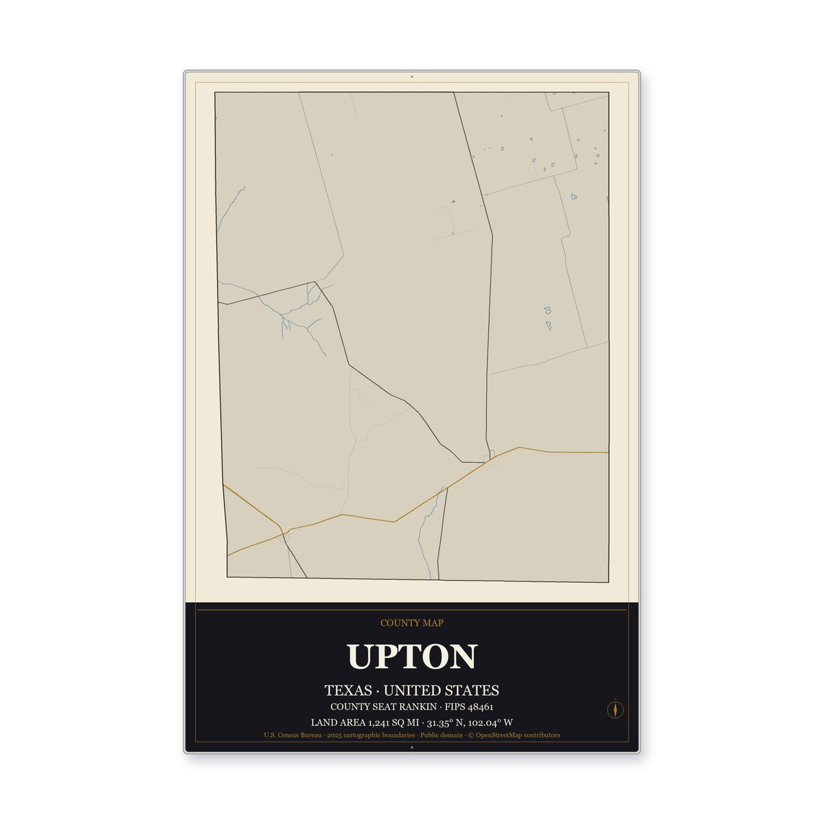 Upton County, Texas Map Aluminum Sign in Museum Plaque style