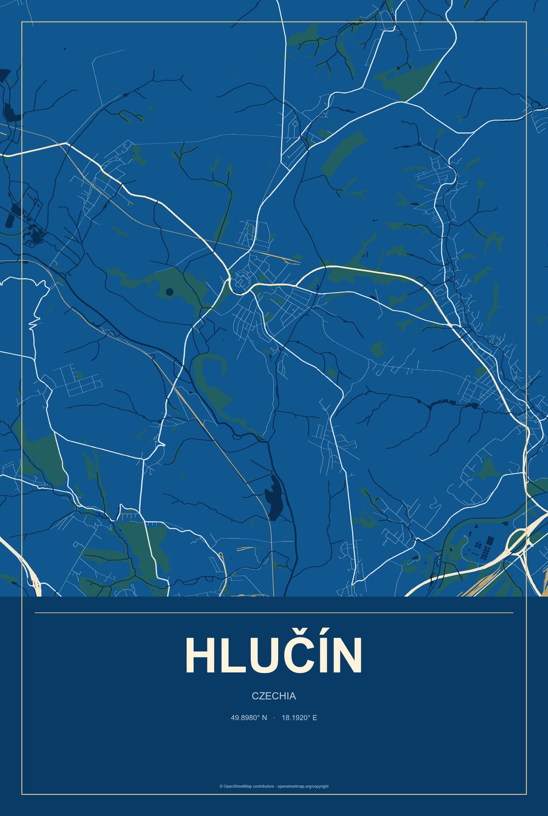 Hlučín, Czechia City Map Aluminum Sign in Harbor Cobalt style