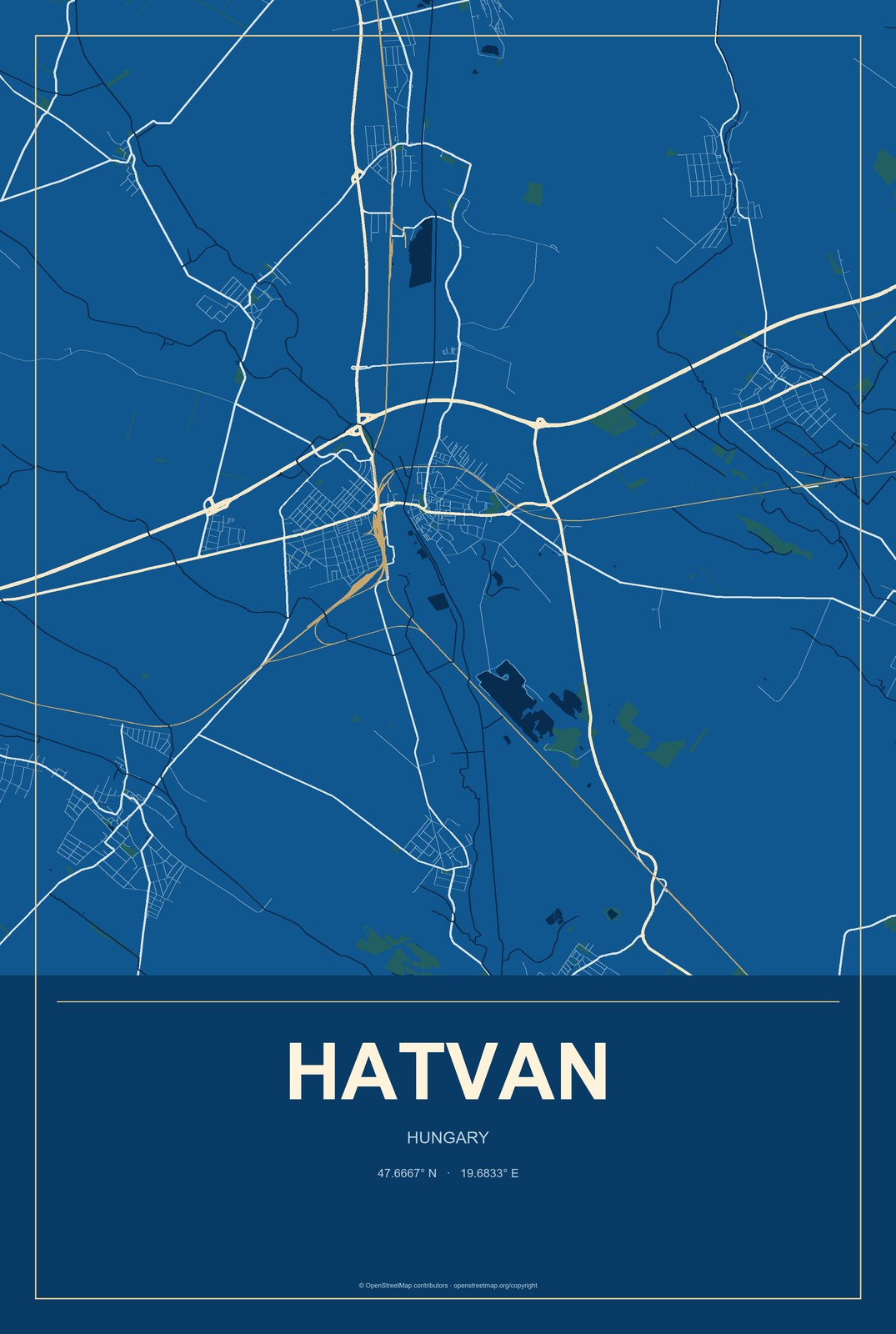 Hatvan, Hungary City Map Aluminum Sign in Harbor Cobalt style