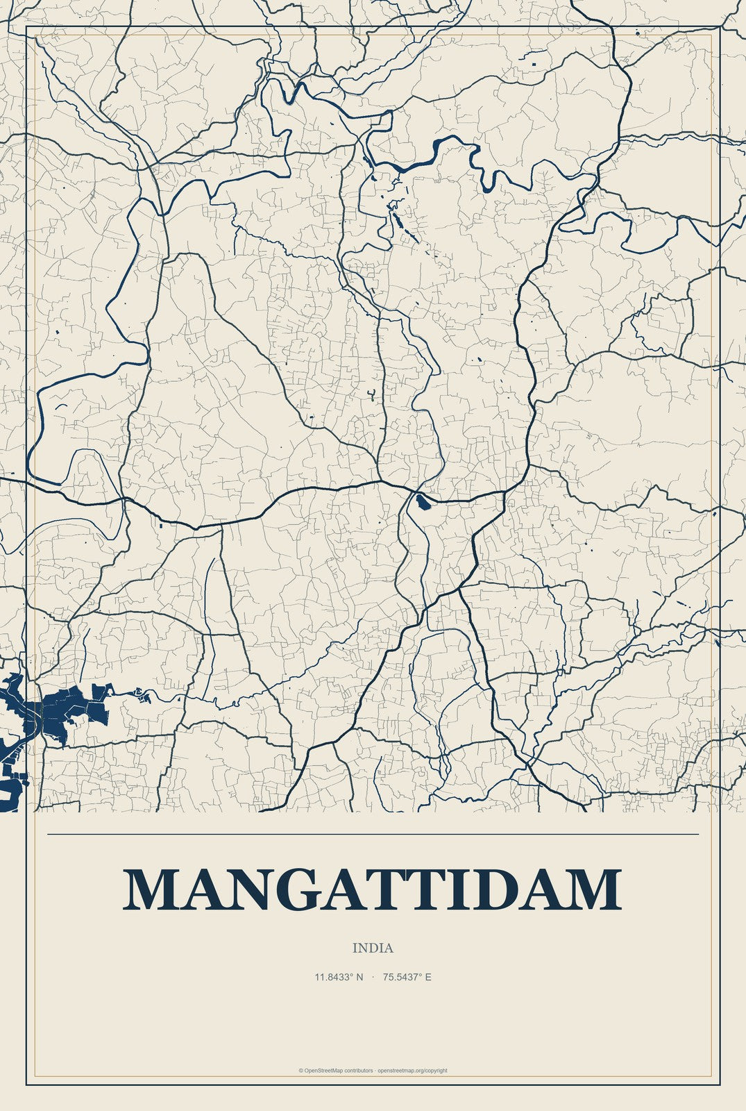 Mangattidam, India City Map Aluminum Sign in Coastal Cutout style