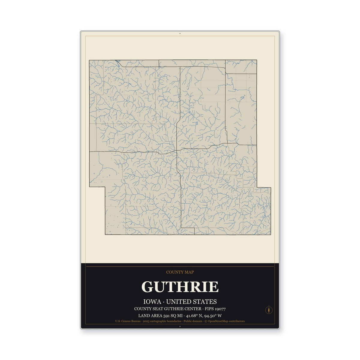 Guthrie County, Iowa Map Aluminum Sign in Museum Plaque style