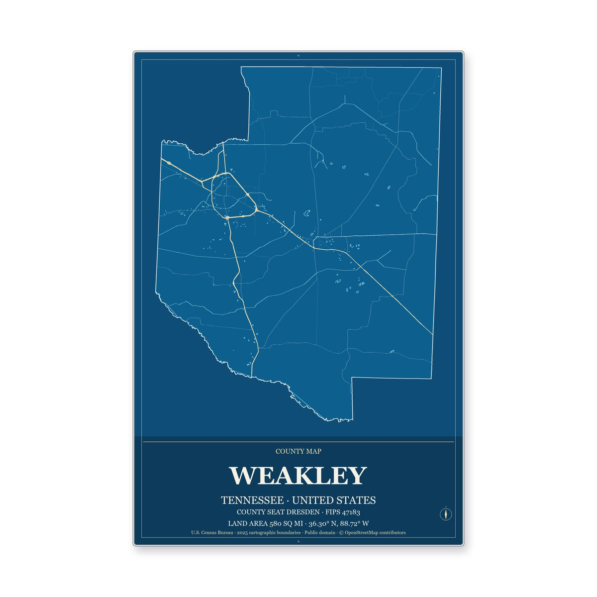 Weakley County, Tennessee Map Aluminum Sign in Harbor Cobalt style