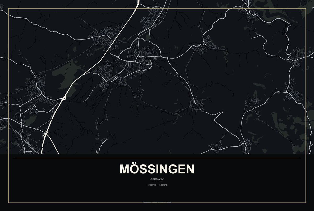 Mössingen, Germany City Map Aluminum Sign in Metropolitan Noir style