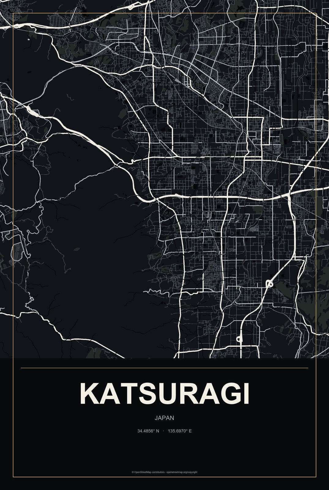 Katsuragi, Japan City Map Aluminum Sign in Metropolitan Noir style