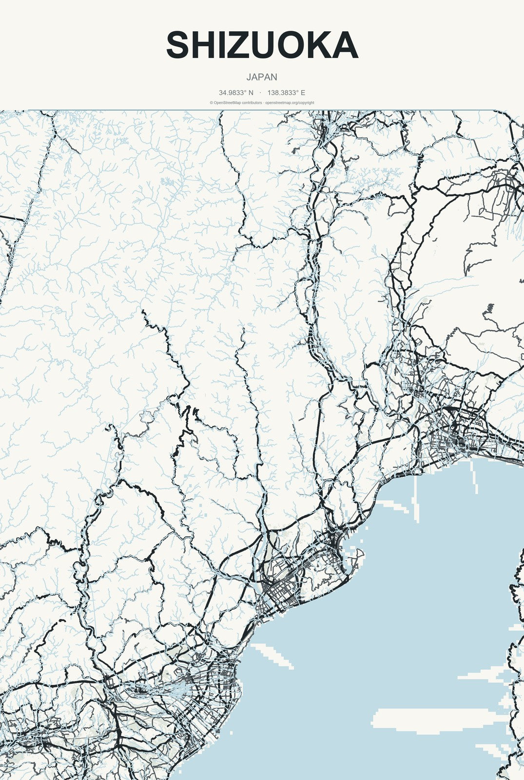 Shizuoka, Japan City Map Aluminum Sign in Headline Atlas style
