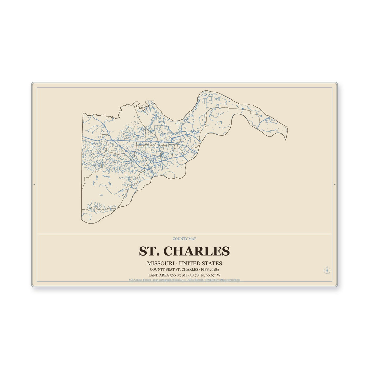 St. Charles County, Missouri Map Aluminum Sign in Heritage Nautical style
