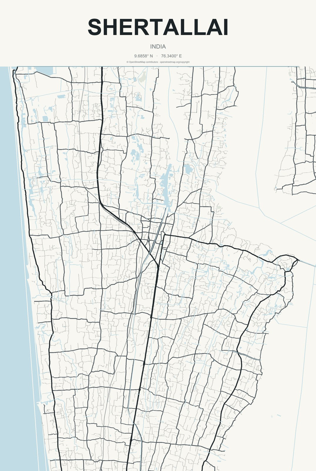 Shertallai, India City Map Aluminum Sign in Headline Atlas style