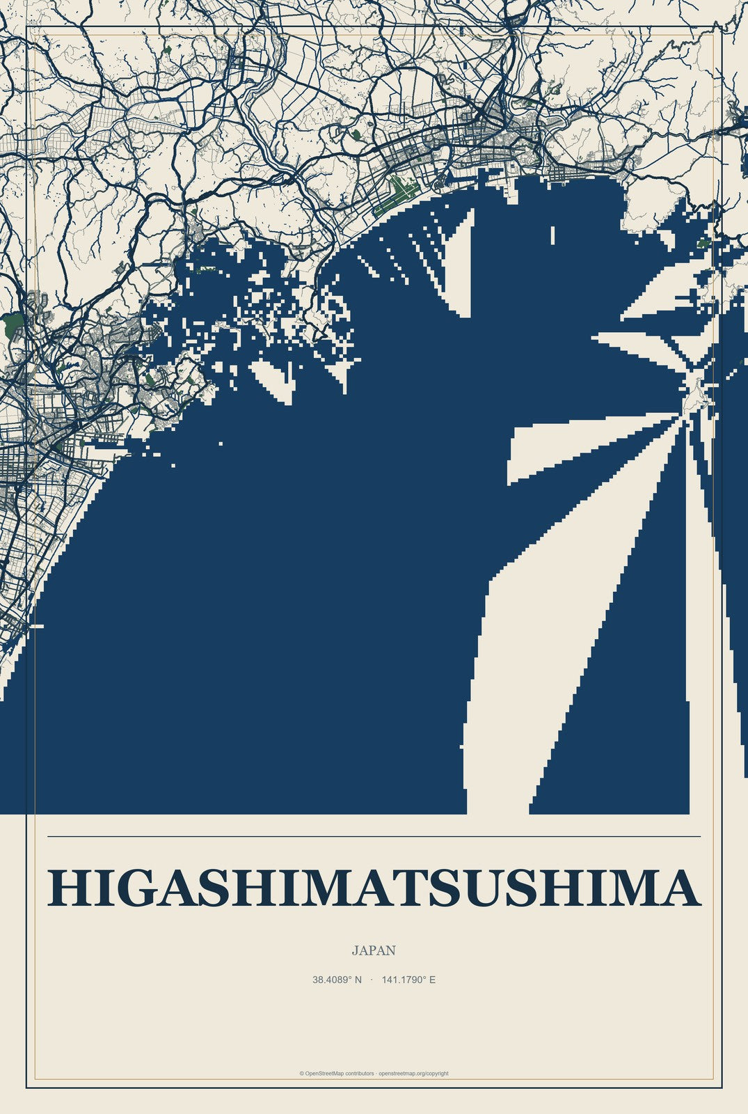 Higashimatsushima, Japan City Map Aluminum Sign in Coastal Cutout style