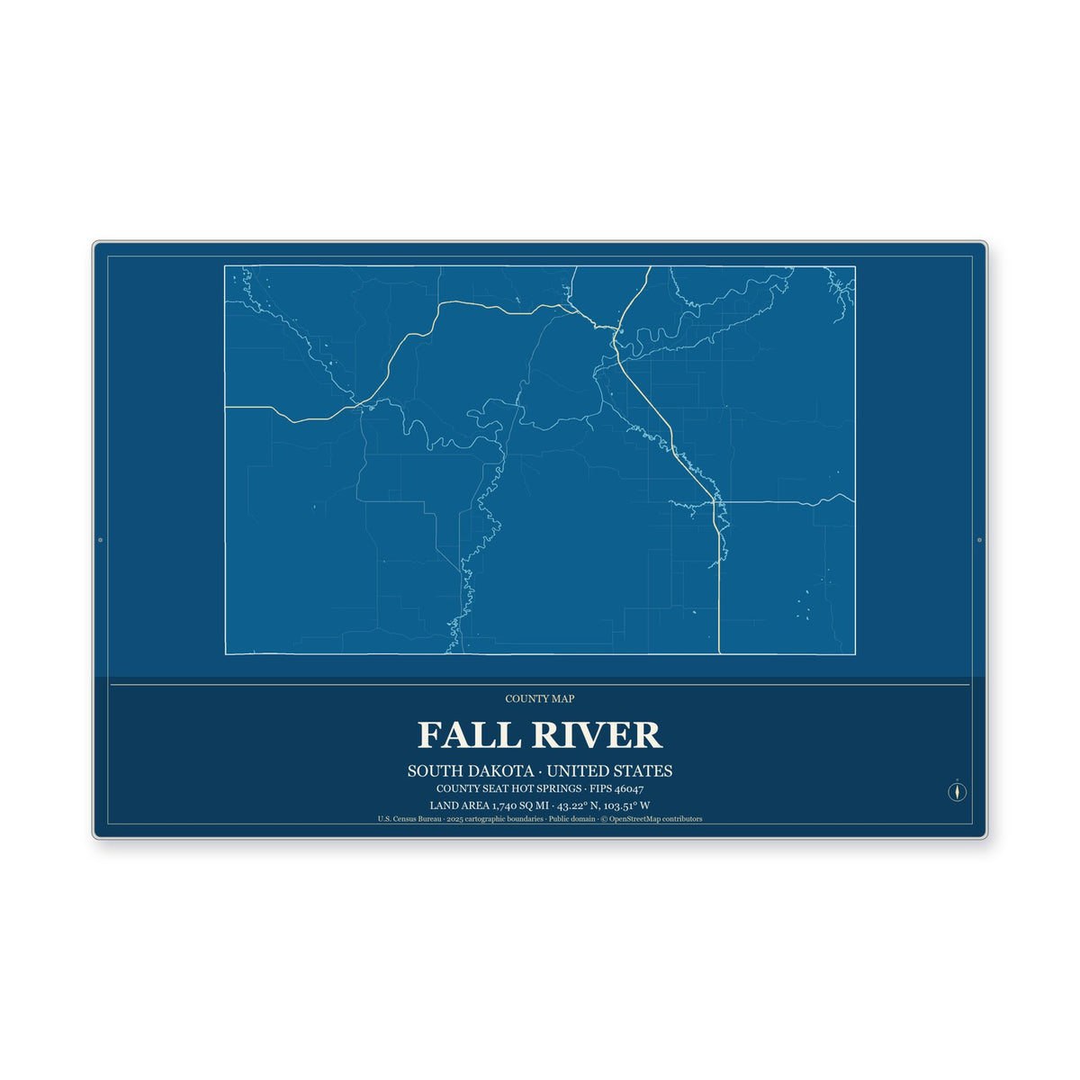 Fall River County, South Dakota Map Aluminum Sign in Harbor Cobalt style