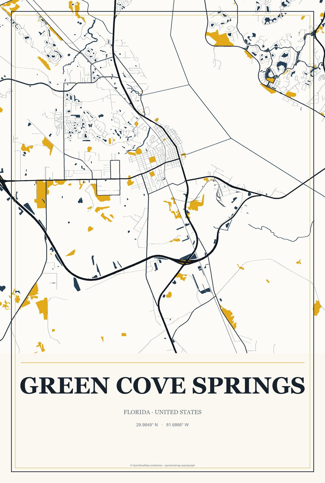 Green Cove Springs, Florida City Map Aluminum Sign in Citrine Modern style