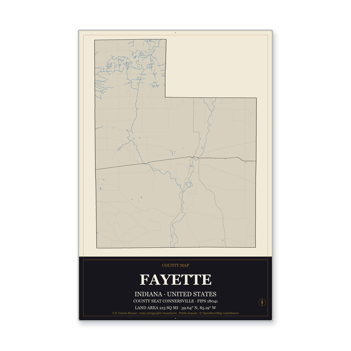Fayette County, Indiana Map Aluminum Sign in Museum Plaque style