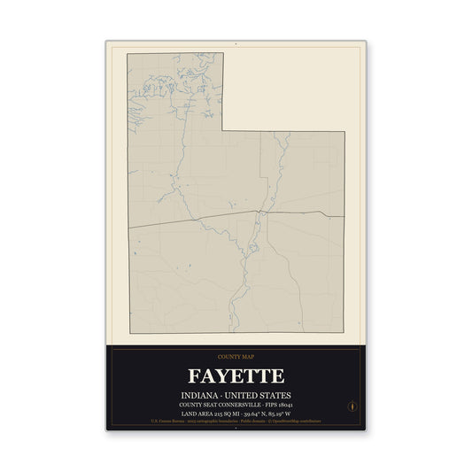 Fayette County, Indiana Map Aluminum Sign in Museum Plaque style