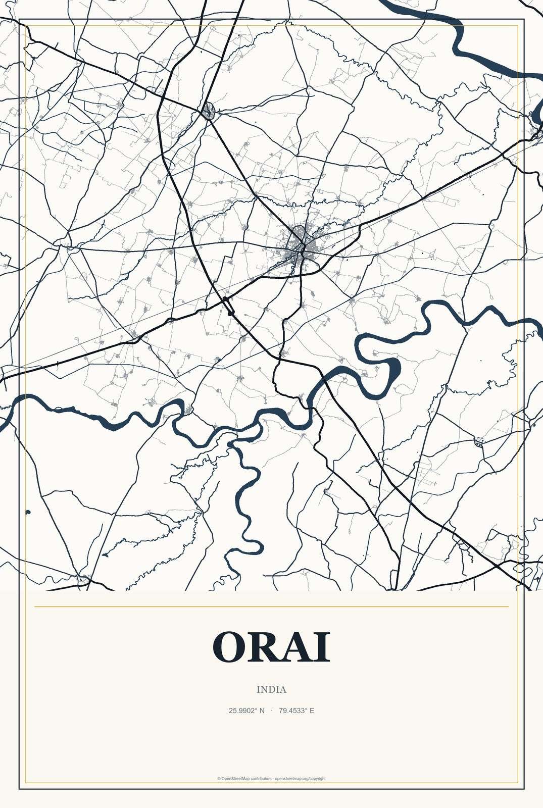 Orai, India City Map Aluminum Sign in Citrine Modern style