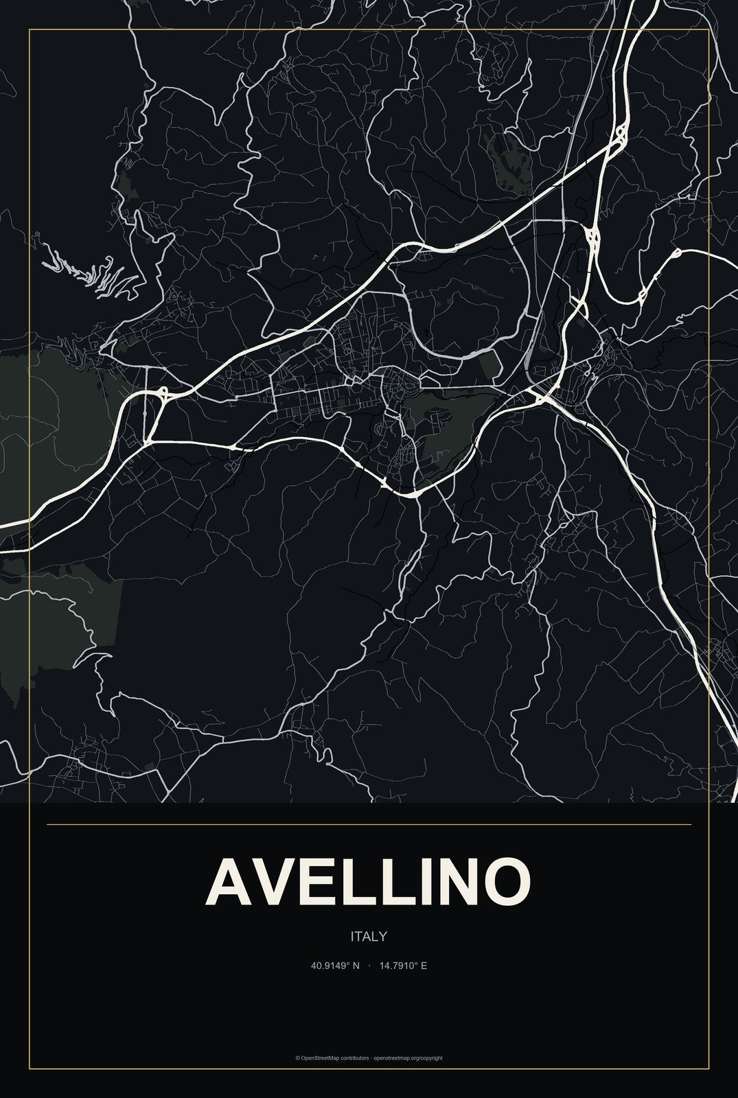 Avellino, Italy City Map Aluminum Sign in Metropolitan Noir style