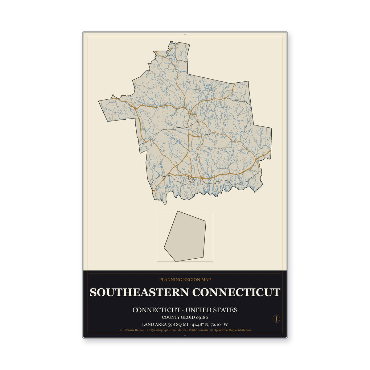 Southeastern Connecticut Planning Region, Connecticut Map Aluminum Sign in Museum Plaque style