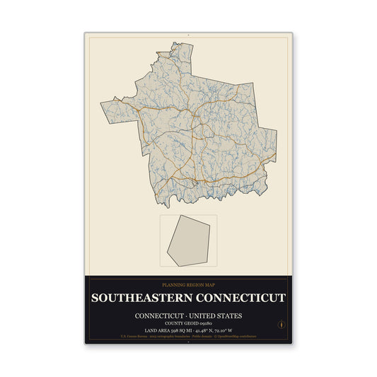 Southeastern Connecticut Planning Region, Connecticut Map Aluminum Sign in Museum Plaque style