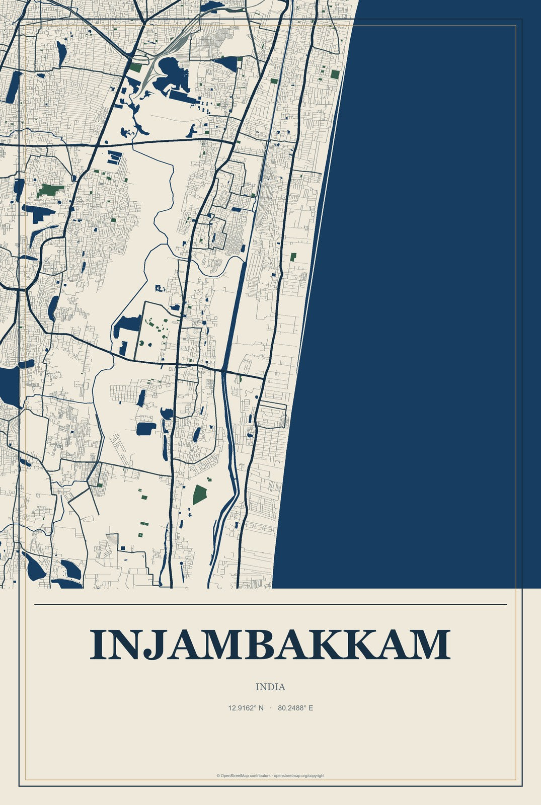 Injambakkam, India City Map Aluminum Sign in Coastal Cutout style