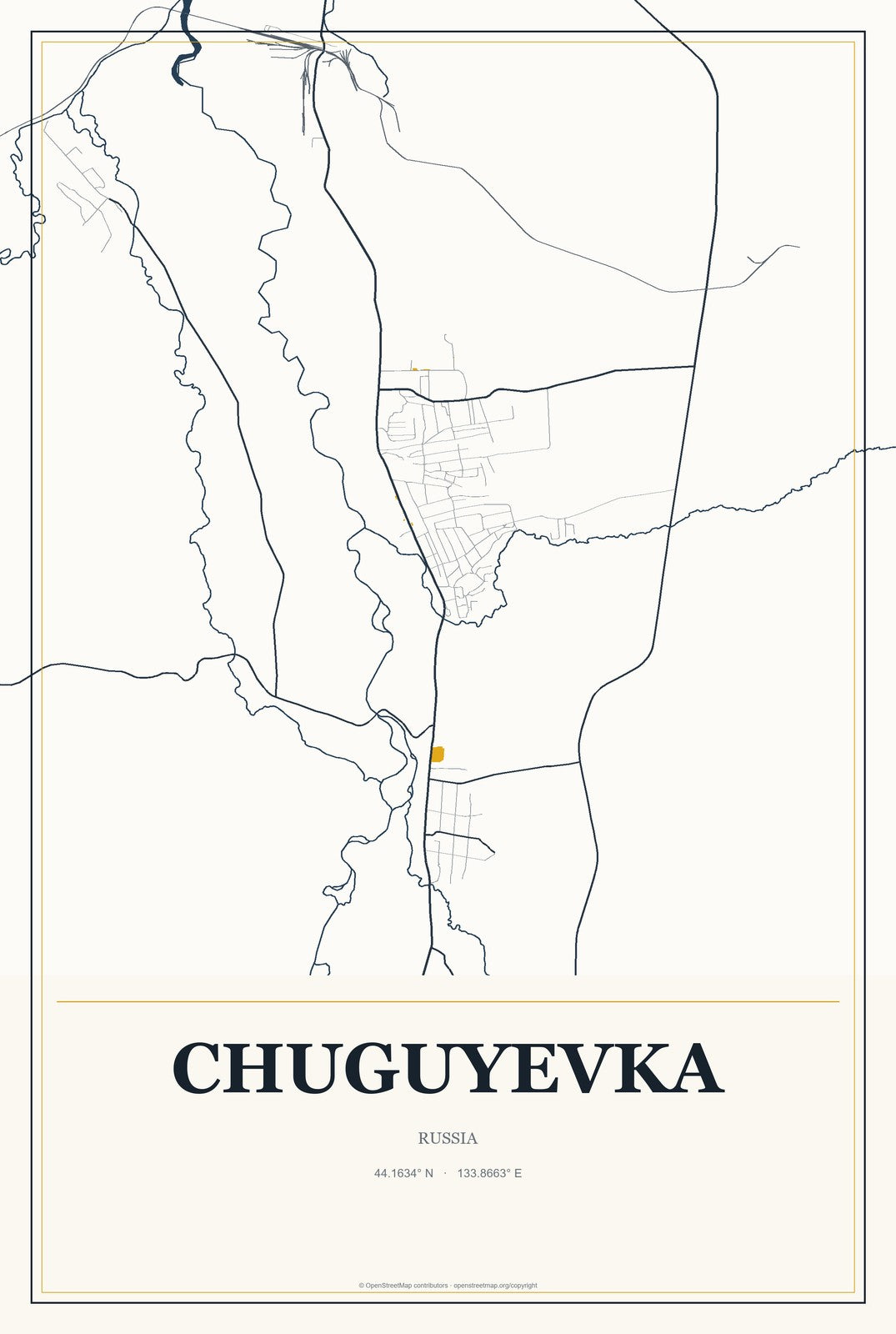 Chuguyevka, Russia City Map Aluminum Sign in Citrine Modern style
