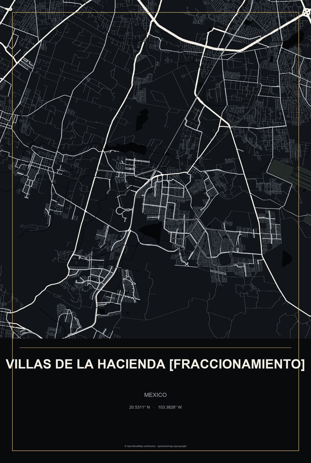 Villas de la Hacienda [Fraccionamiento], Mexico City Map Aluminum Sign in Metropolitan Noir style