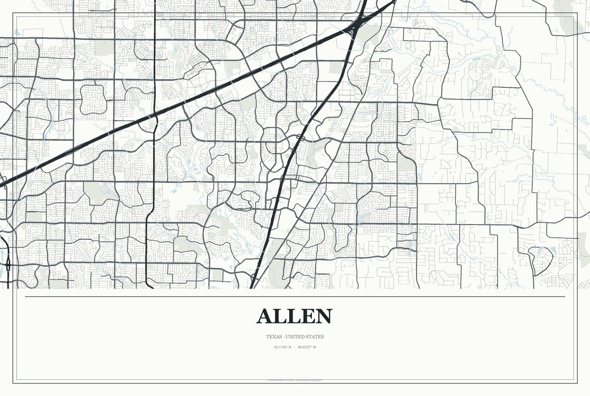 Allen, Texas City Map Aluminum Sign in Gallery Air style
