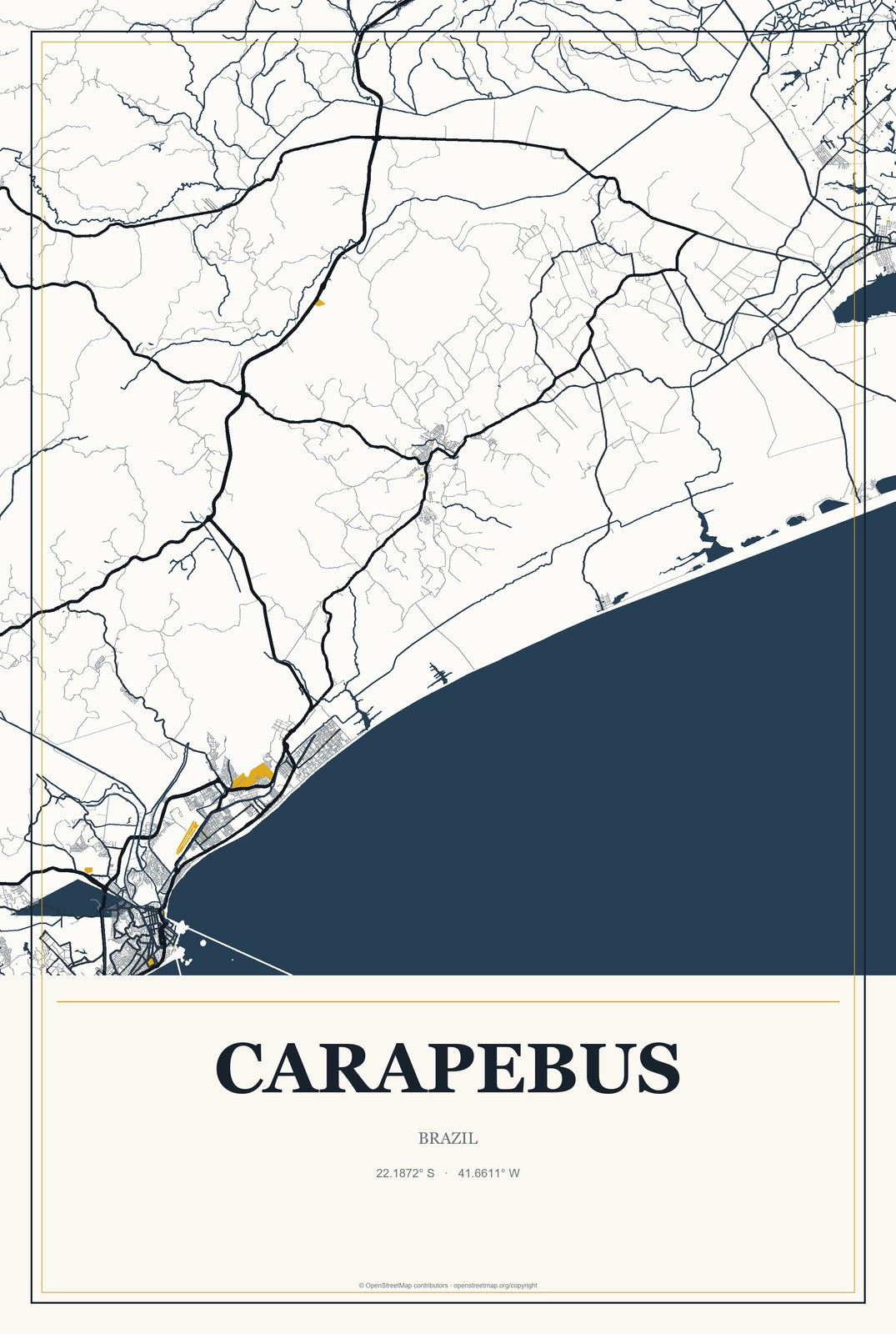 Carapebus, Brazil City Map Aluminum Sign in Citrine Modern style