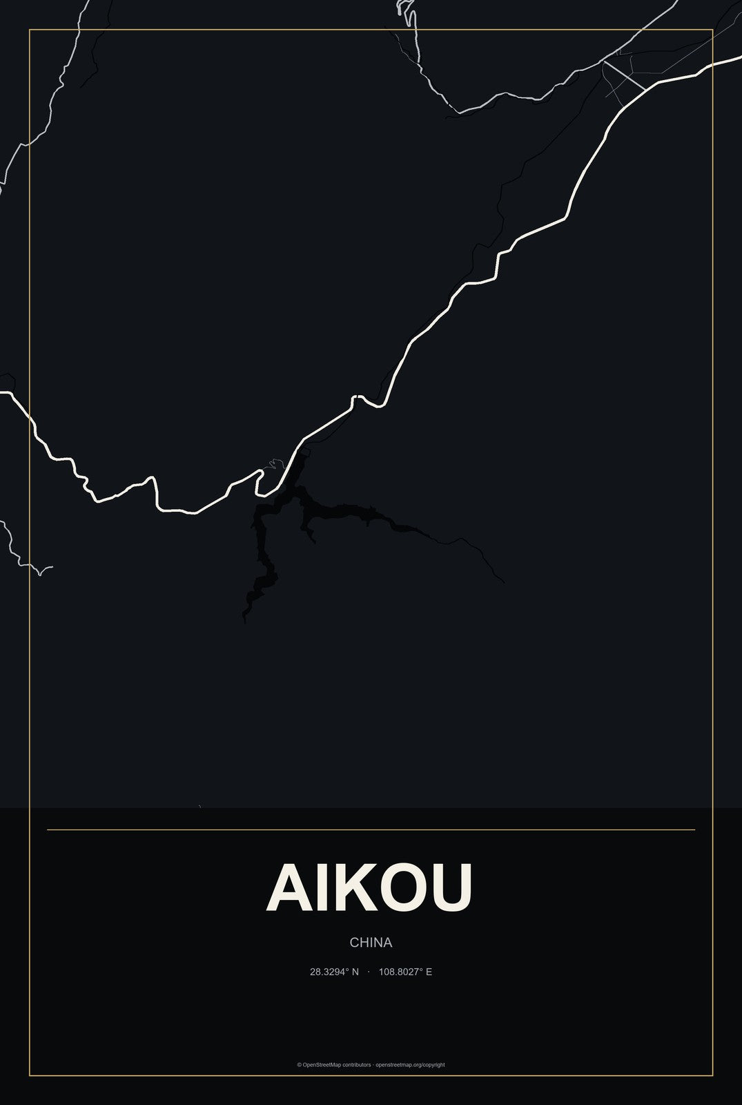 Aikou, China City Map Aluminum Sign in Metropolitan Noir style