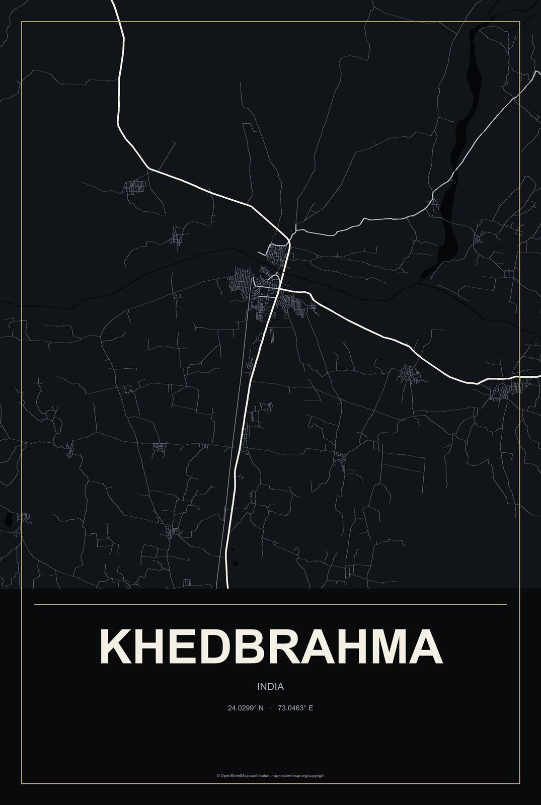 Khedbrahma, India City Map Aluminum Sign in Metropolitan Noir style