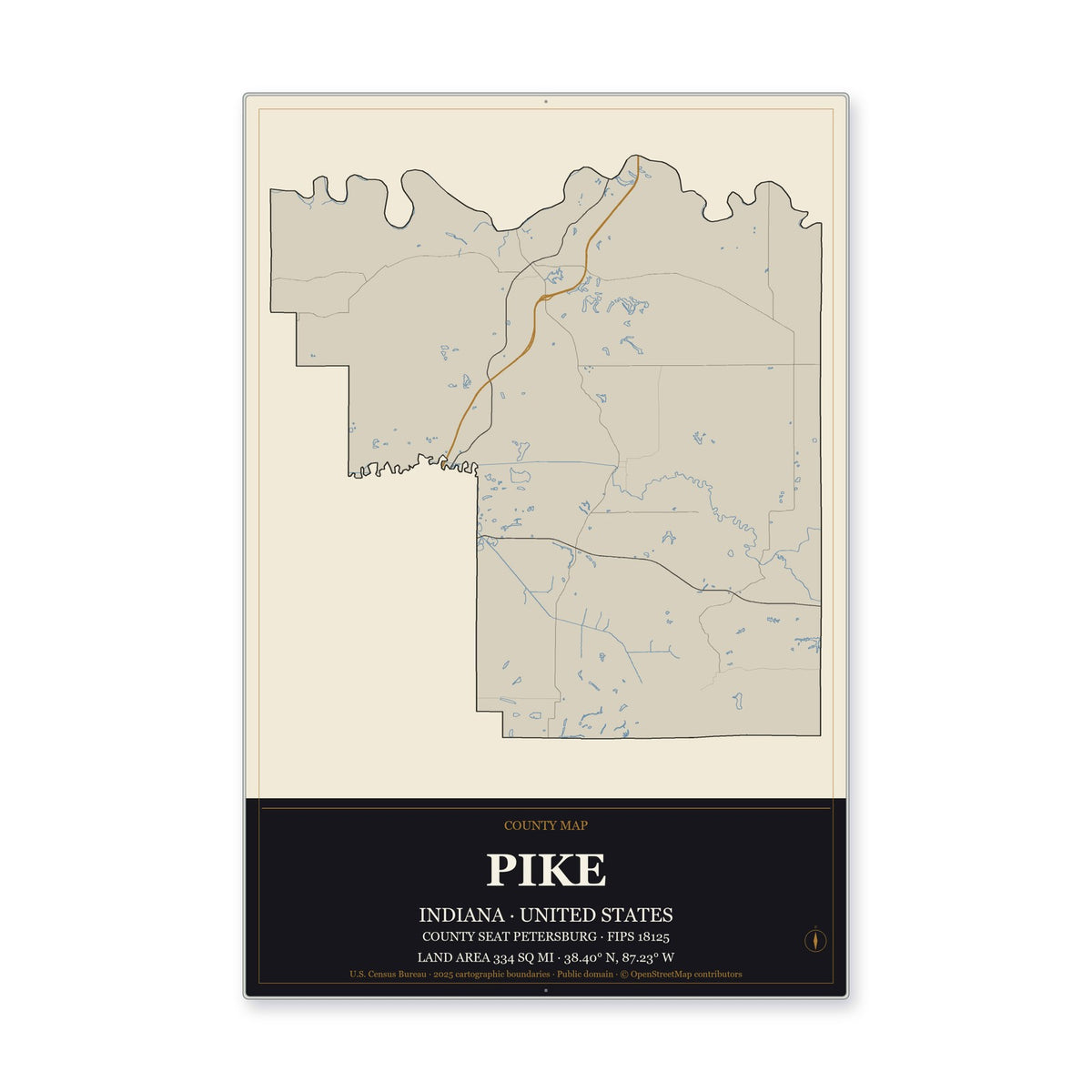Pike County, Indiana Map Aluminum Sign in Museum Plaque style