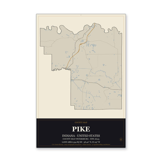 Pike County, Indiana Map Aluminum Sign in Museum Plaque style