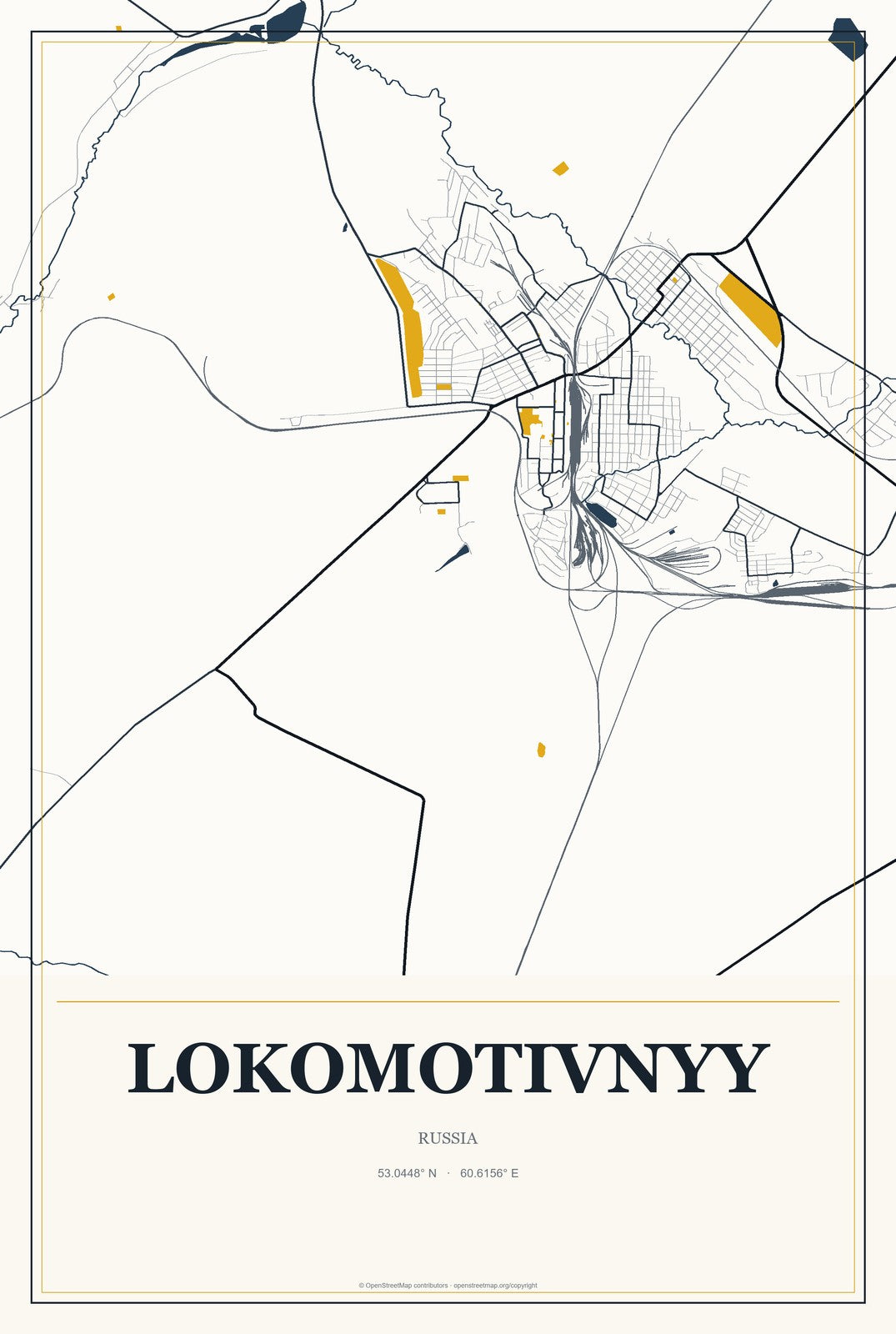 Lokomotivnyy, Russia City Map Aluminum Sign in Citrine Modern style