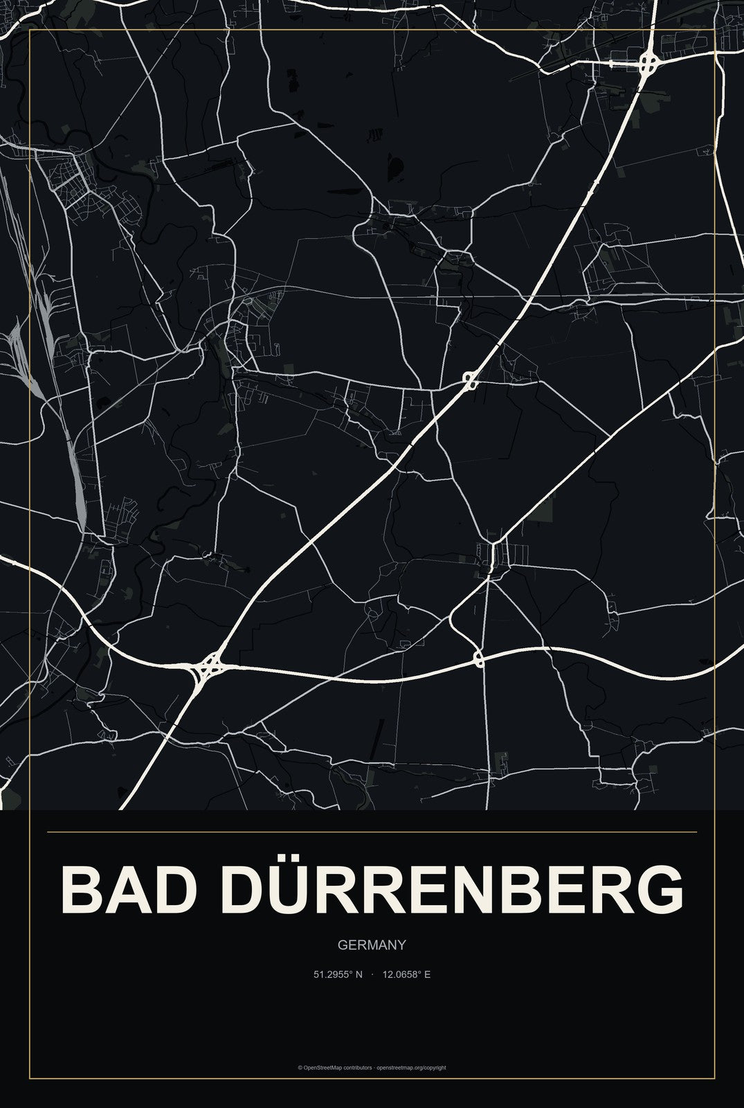 Bad Dürrenberg, Germany City Map Aluminum Sign in Metropolitan Noir style