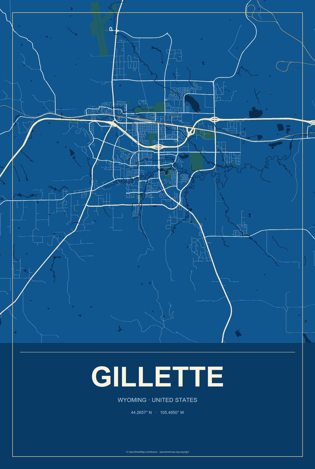 Gillette, Wyoming City Map Aluminum Sign in Harbor Cobalt style