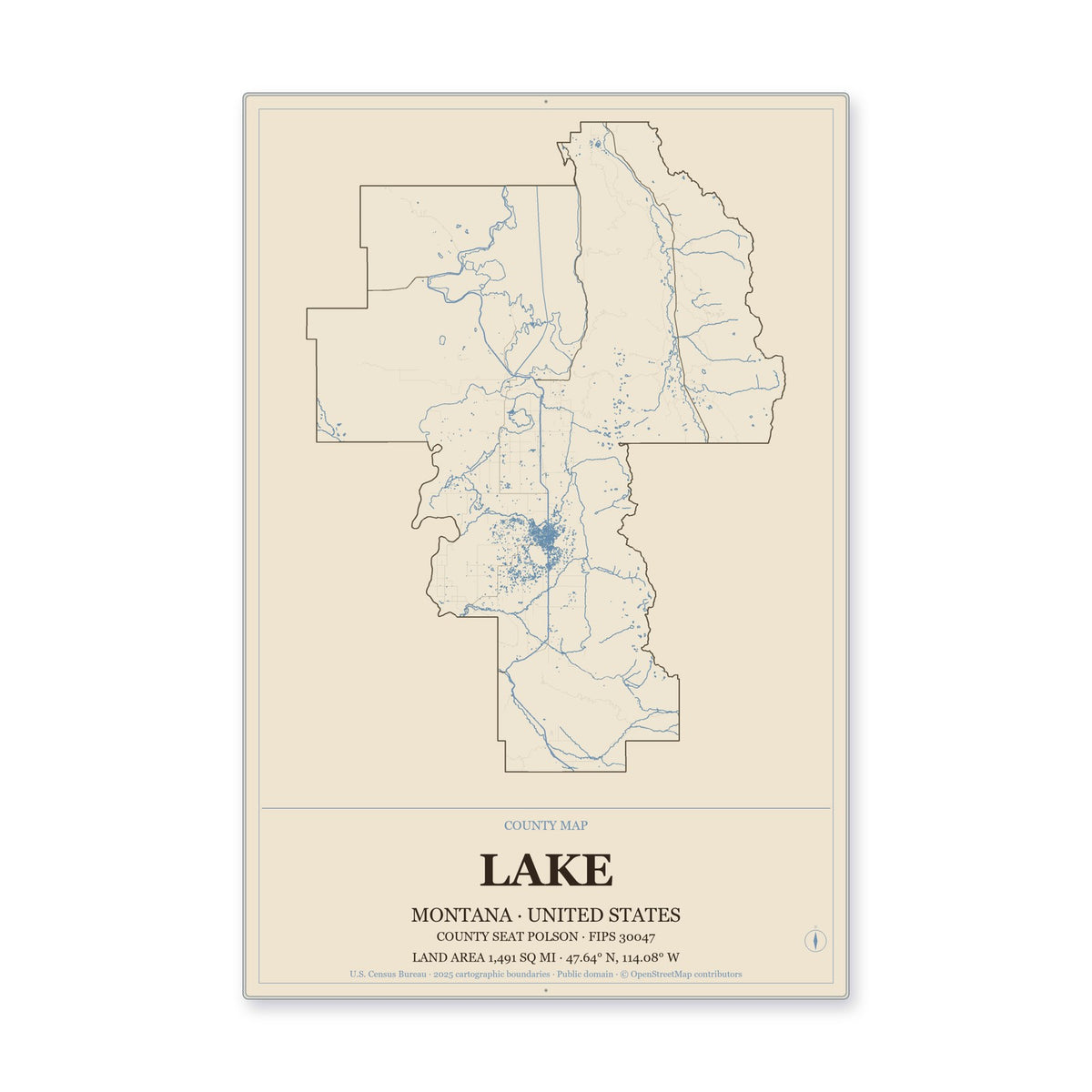 Lake County, Montana Map Aluminum Sign in Heritage Nautical style
