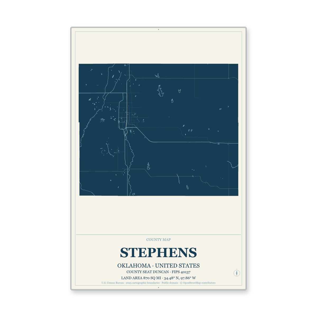 Stephens County, Oklahoma Map Aluminum Sign in Coastal Cutout style