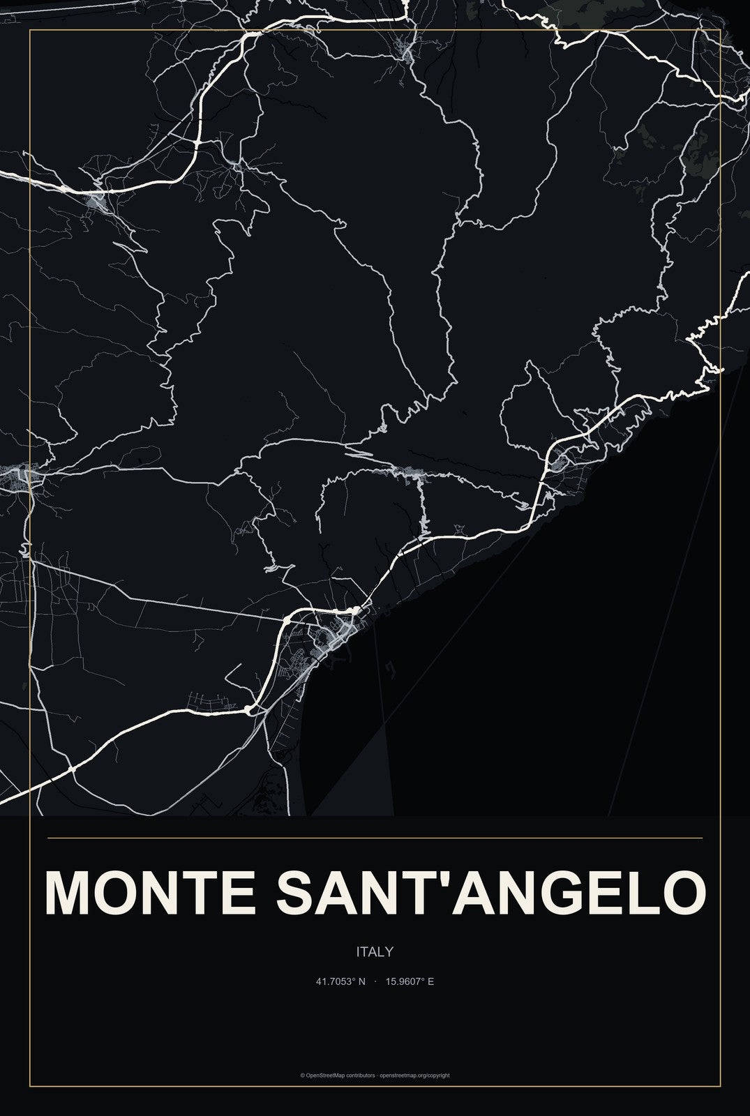 Monte Sant'Angelo, Italy City Map Aluminum Sign in Metropolitan Noir style