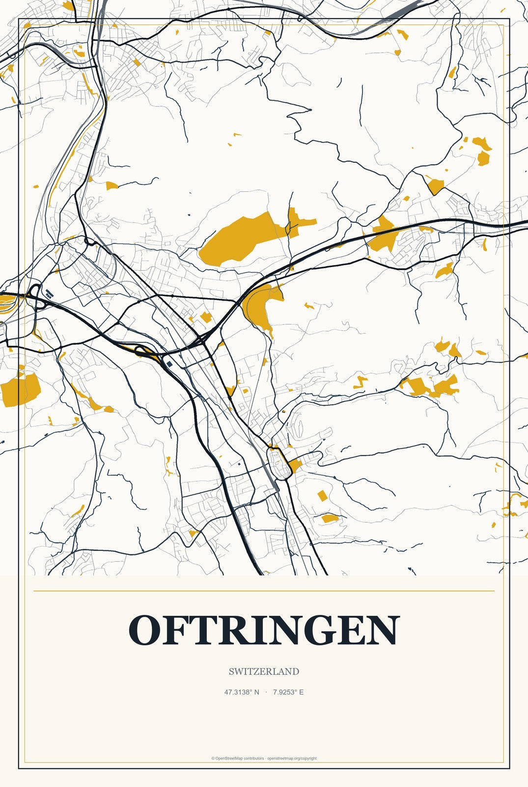 Oftringen, Switzerland City Map Aluminum Sign in Citrine Modern style