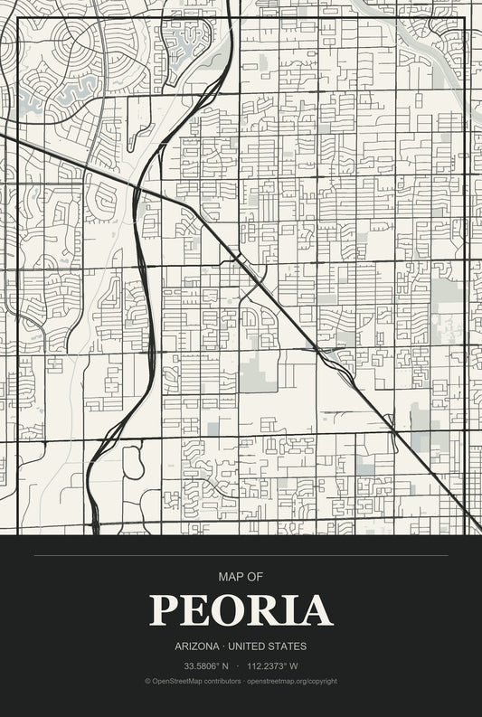 Peoria, Arizona City Map Aluminum Sign in Museum Plaque style