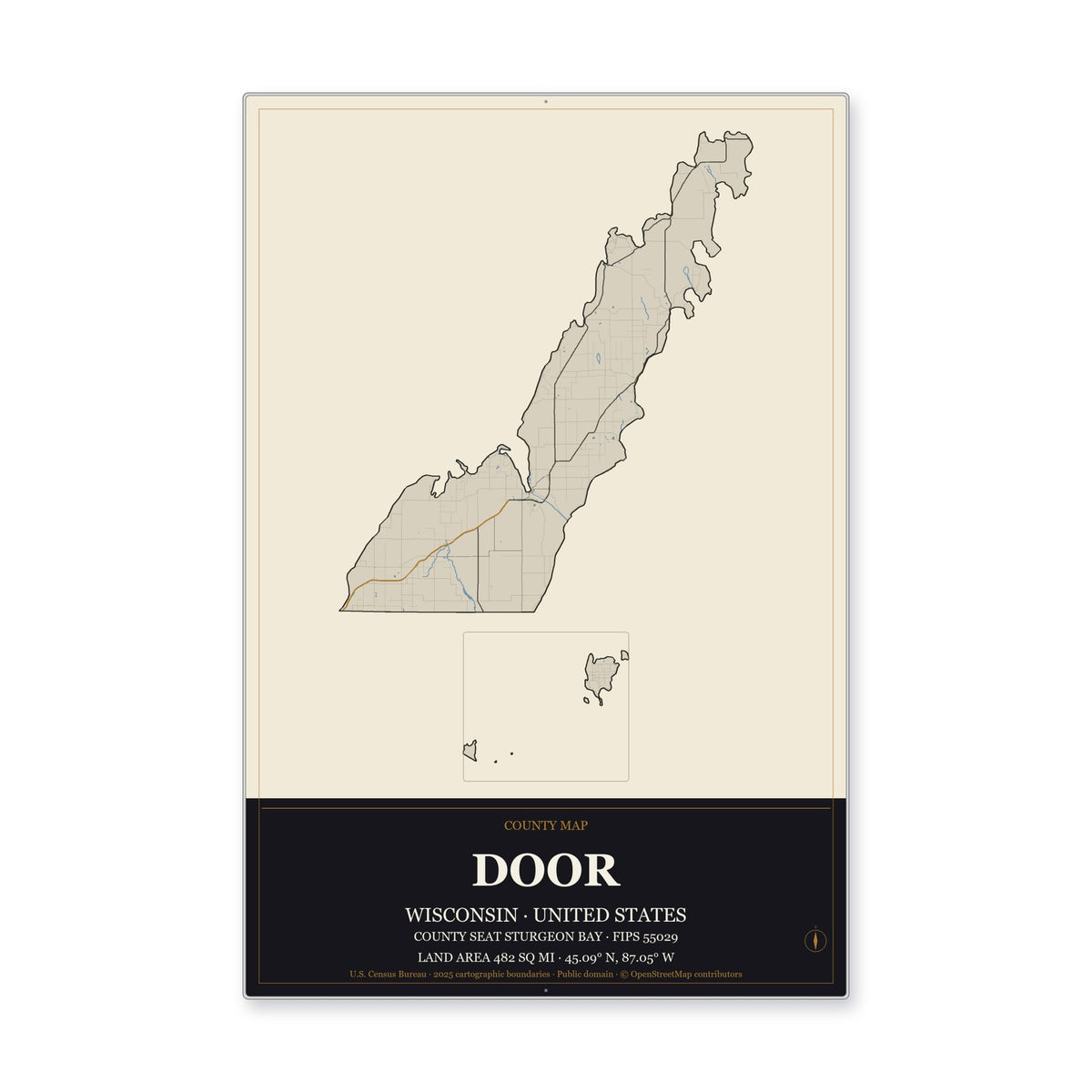 Door County, Wisconsin Map Aluminum Sign in Museum Plaque style