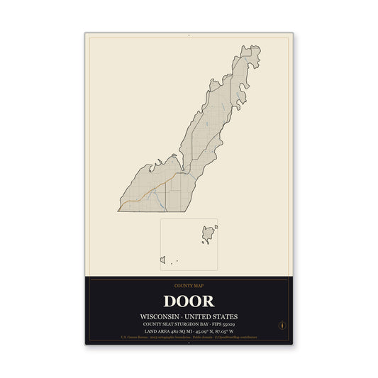 Door County, Wisconsin Map Aluminum Sign in Museum Plaque style