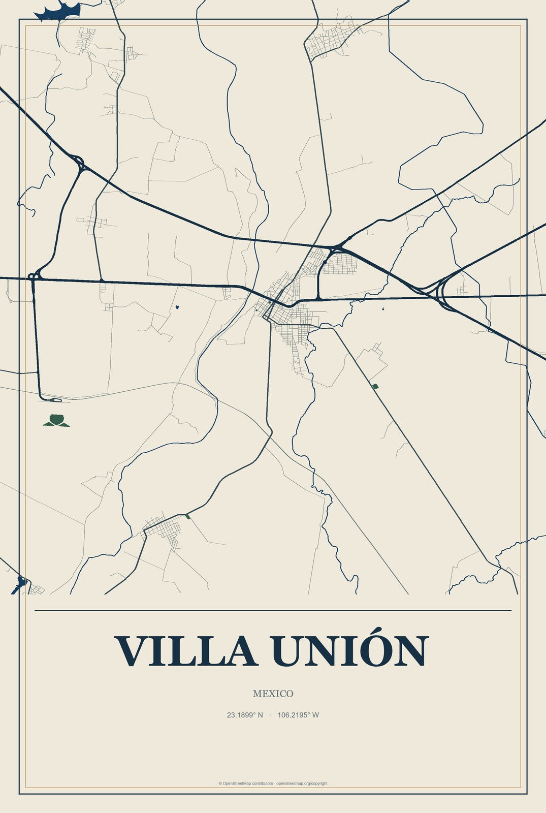 Villa Unión, Sinaloa, Mexico City Map Aluminum Sign in Coastal Cutout style