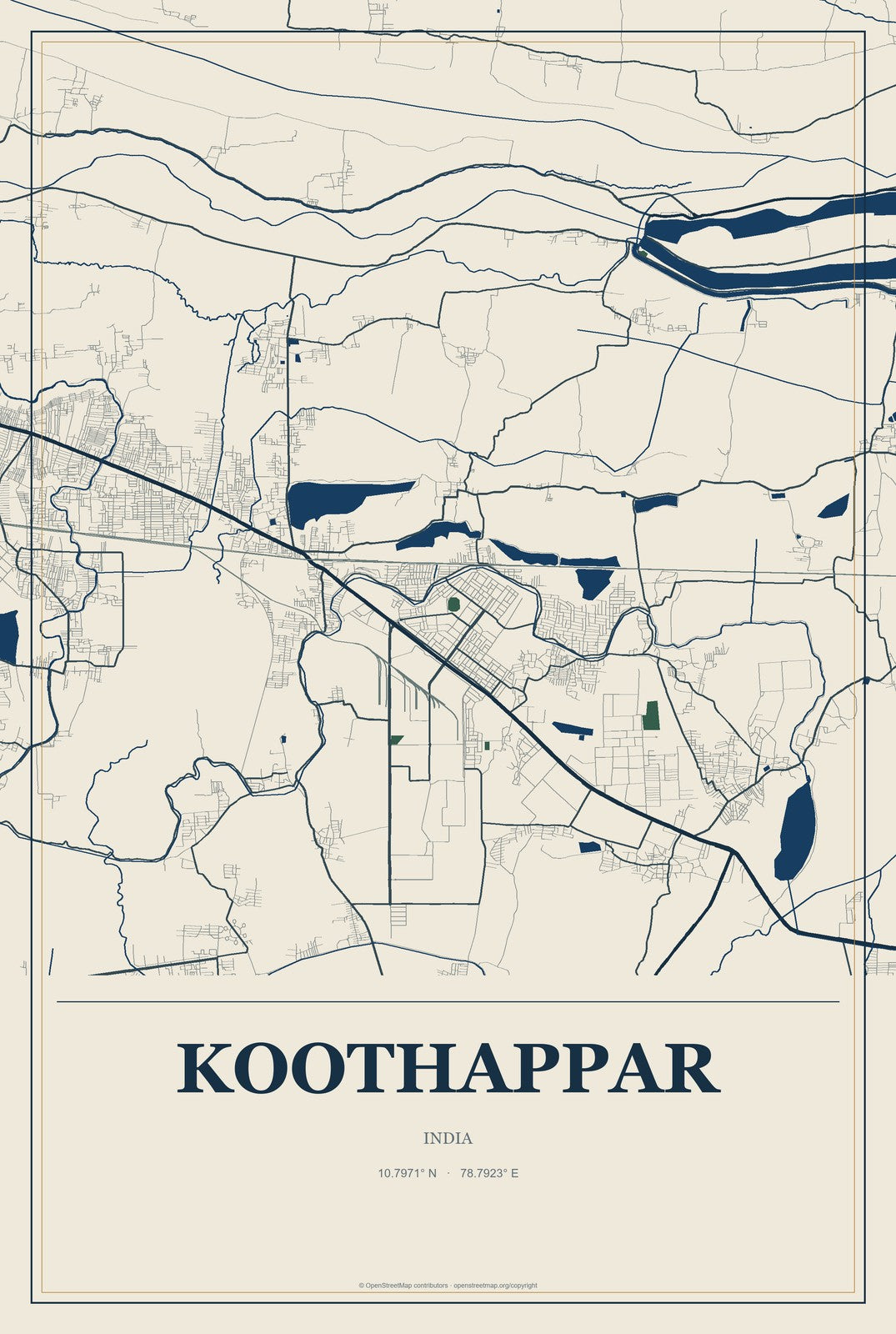 Koothappar, India City Map Aluminum Sign in Coastal Cutout style