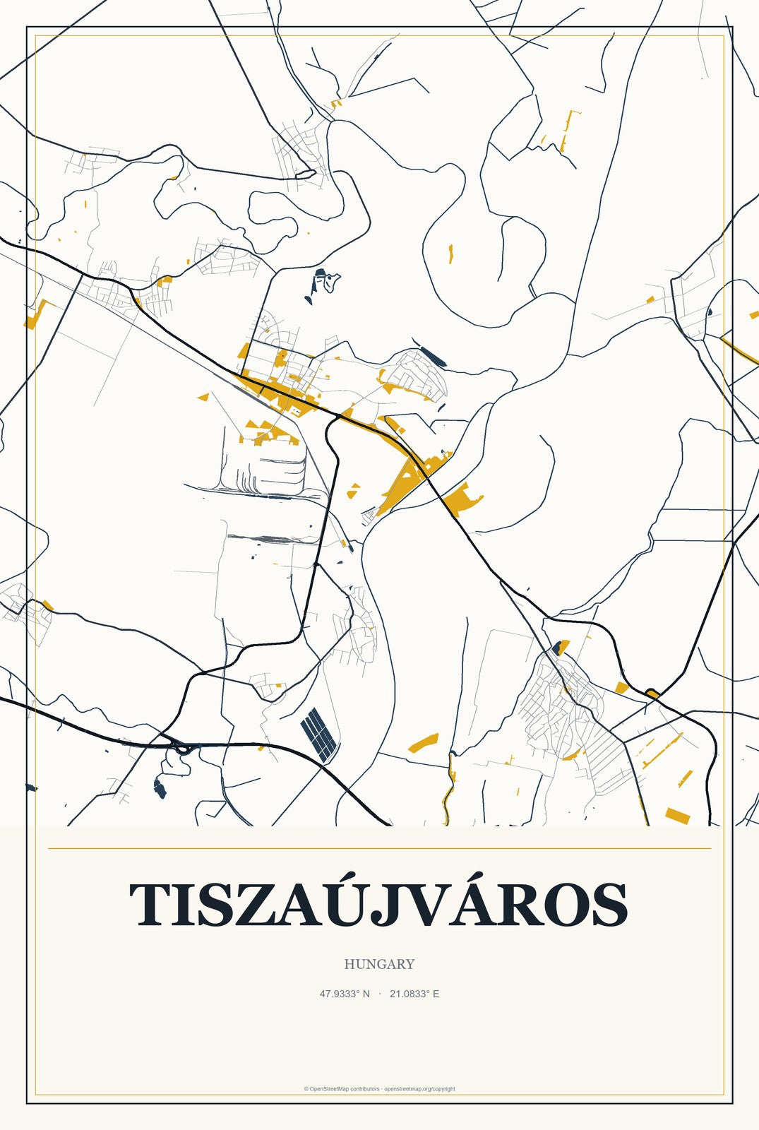 Tiszaújváros, Hungary City Map Aluminum Sign in Citrine Modern style