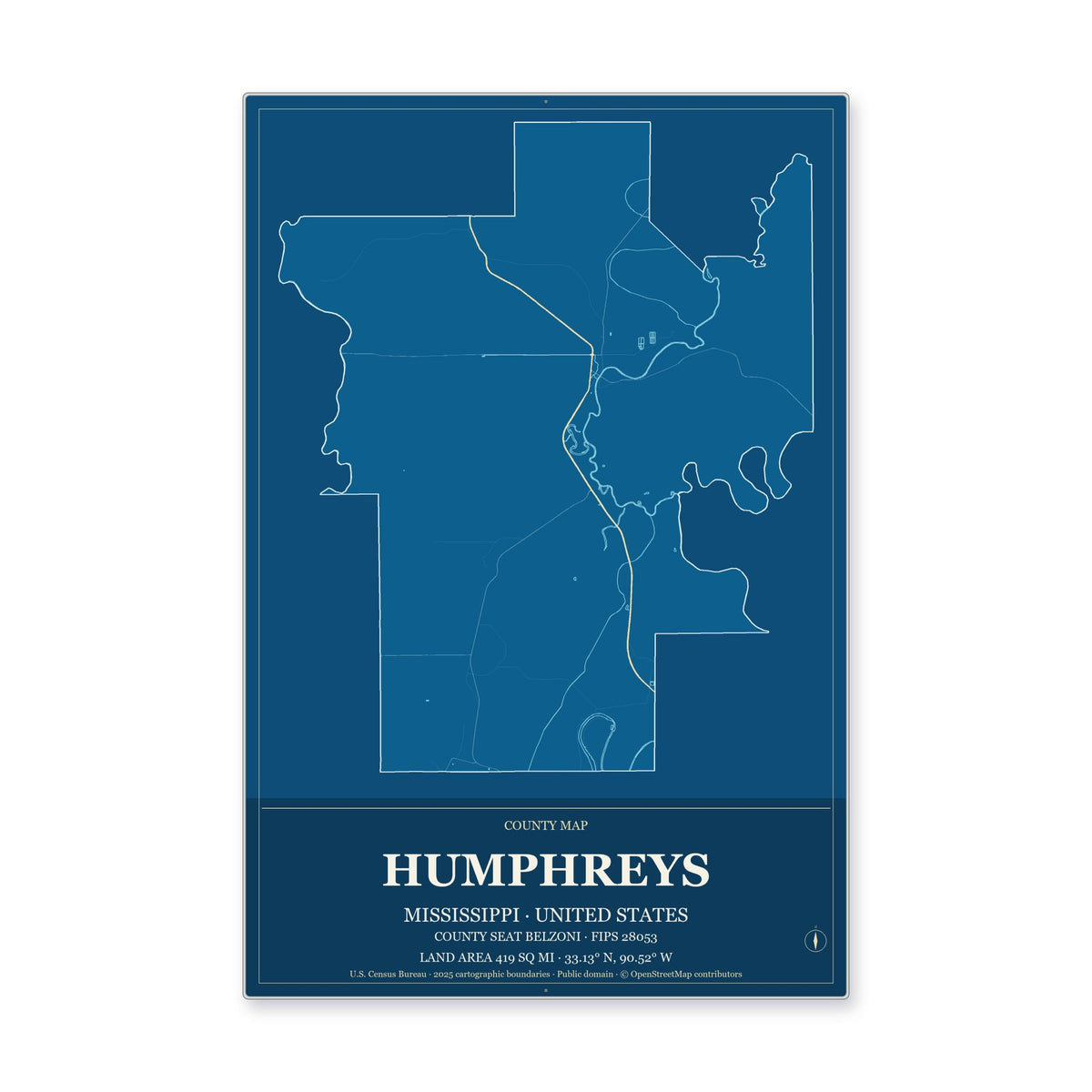 Humphreys County, Mississippi Map Aluminum Sign in Harbor Cobalt style